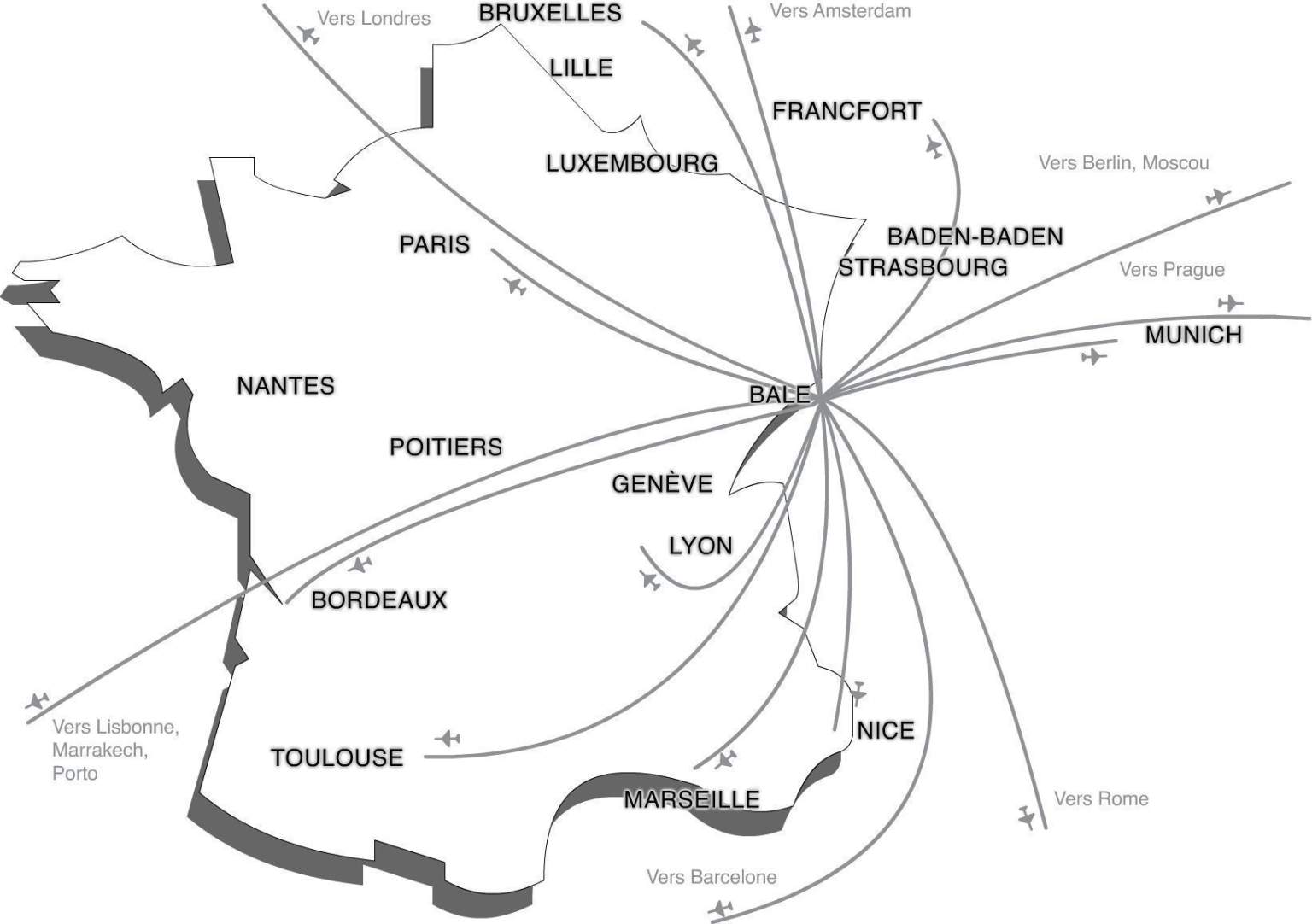 Carte aérienne en direction de Bâle, hôtel Le Bugatti à Molsheim Alsace