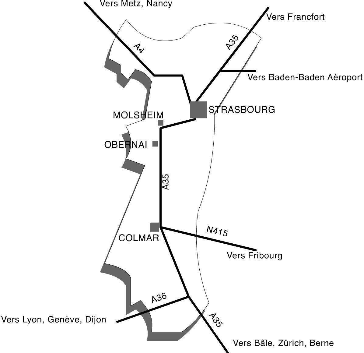 Plan de la région d'Alsace, hôtel Le Bugatti à Molsheim Alsace