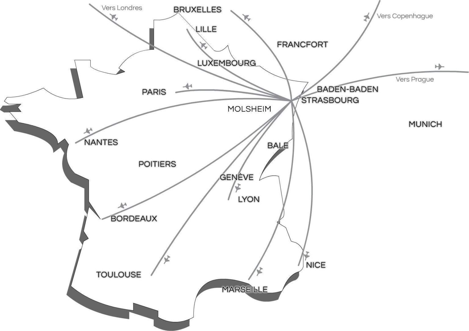 Carte aérienne en direction de Strasbourg, hôtel Le Bugatti à Molsheim Alsace